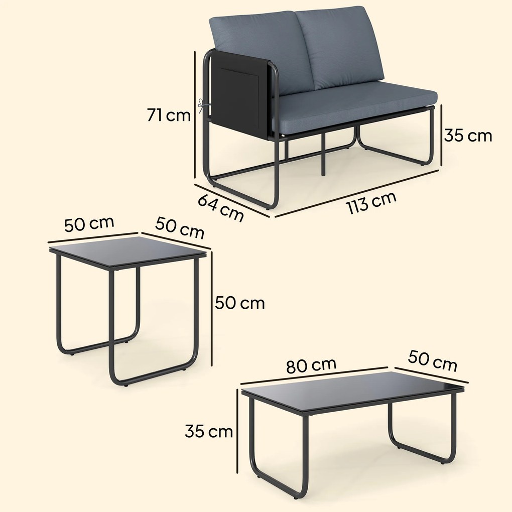 Outsunny Set Grădină Exterior 4 Piese cu 2 Canapele 2 Locuri 2 Mese cu Sticlă Perne Huse Detașabile și Buzunare Gri | Aosom Romania