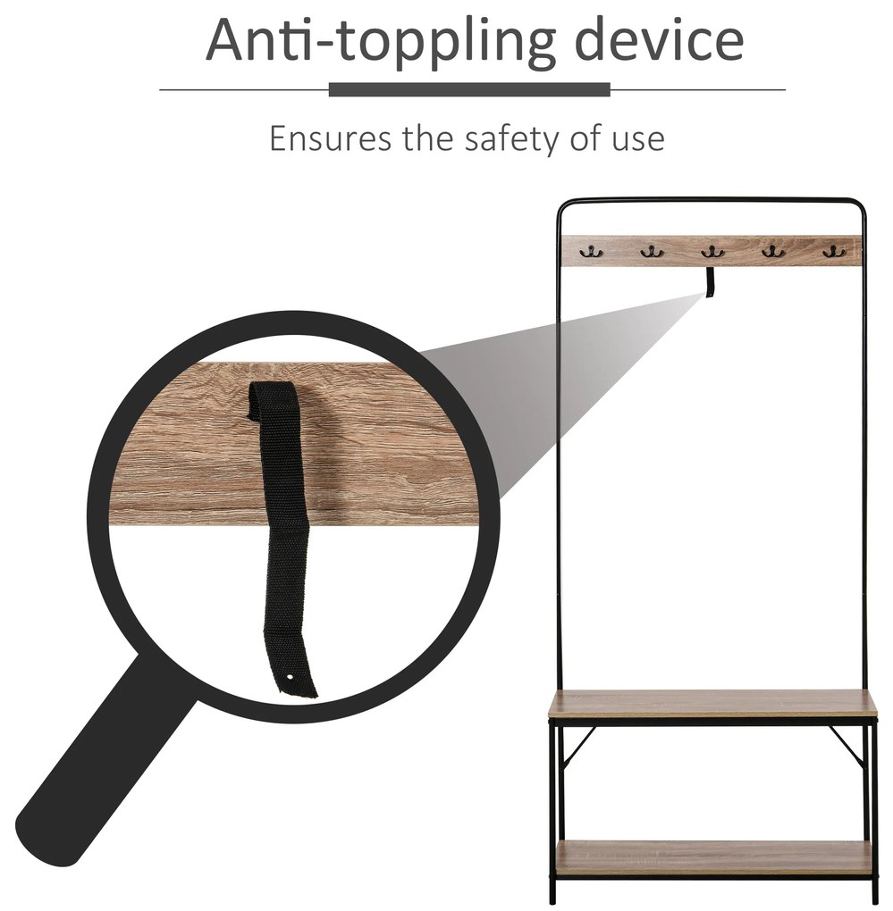 HOMCOM Set Hol cu Cuier, Bancă și Suport pentru Pantofi, Stil Industrial, Mobilier pentru Intrare, Metal și Lemn | Aosom Romania