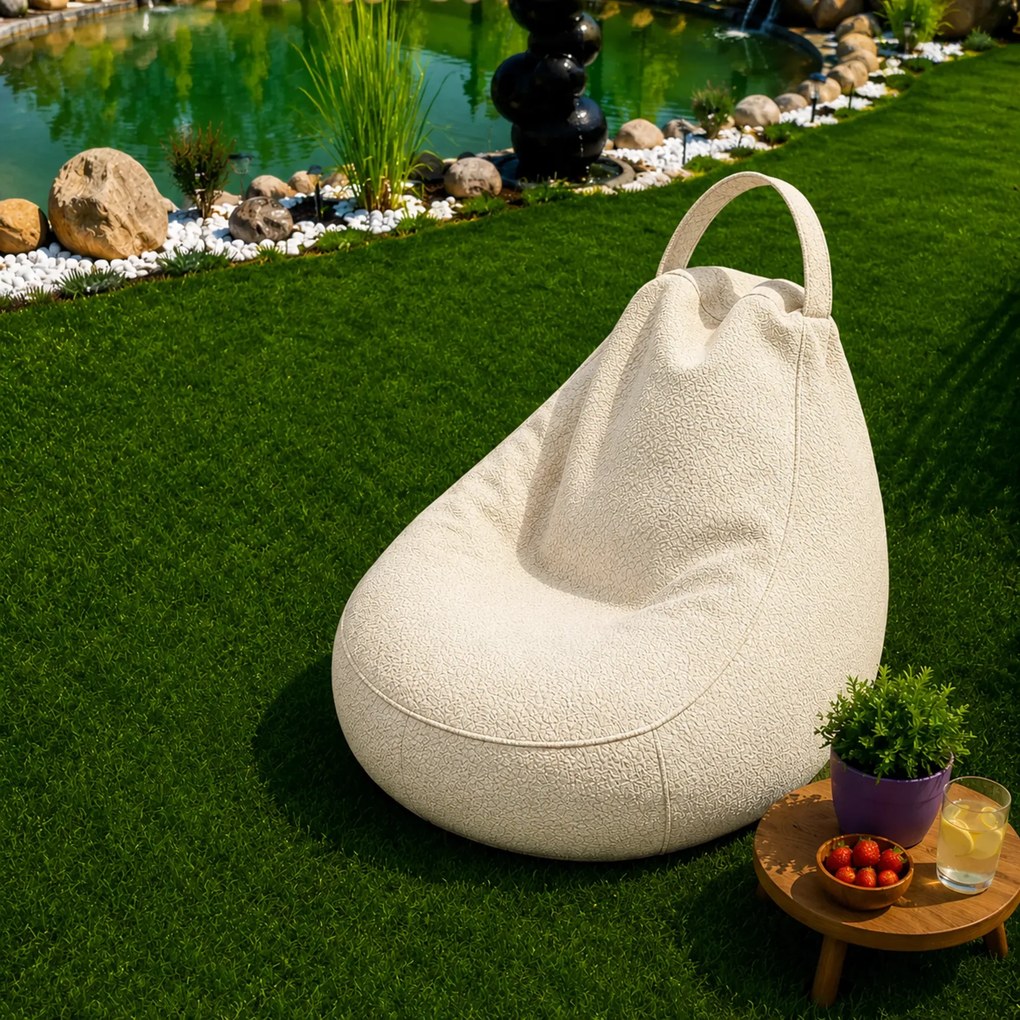 Fotoliu Puf Bean Bag tip Para, cu Maner, Material Oxford Impermeabil, Umplutura Fulgi Poliuretan, Utilizare Interior Exterior, Marime XL, 80x75cm, 6kg, Culoare Alb Crem