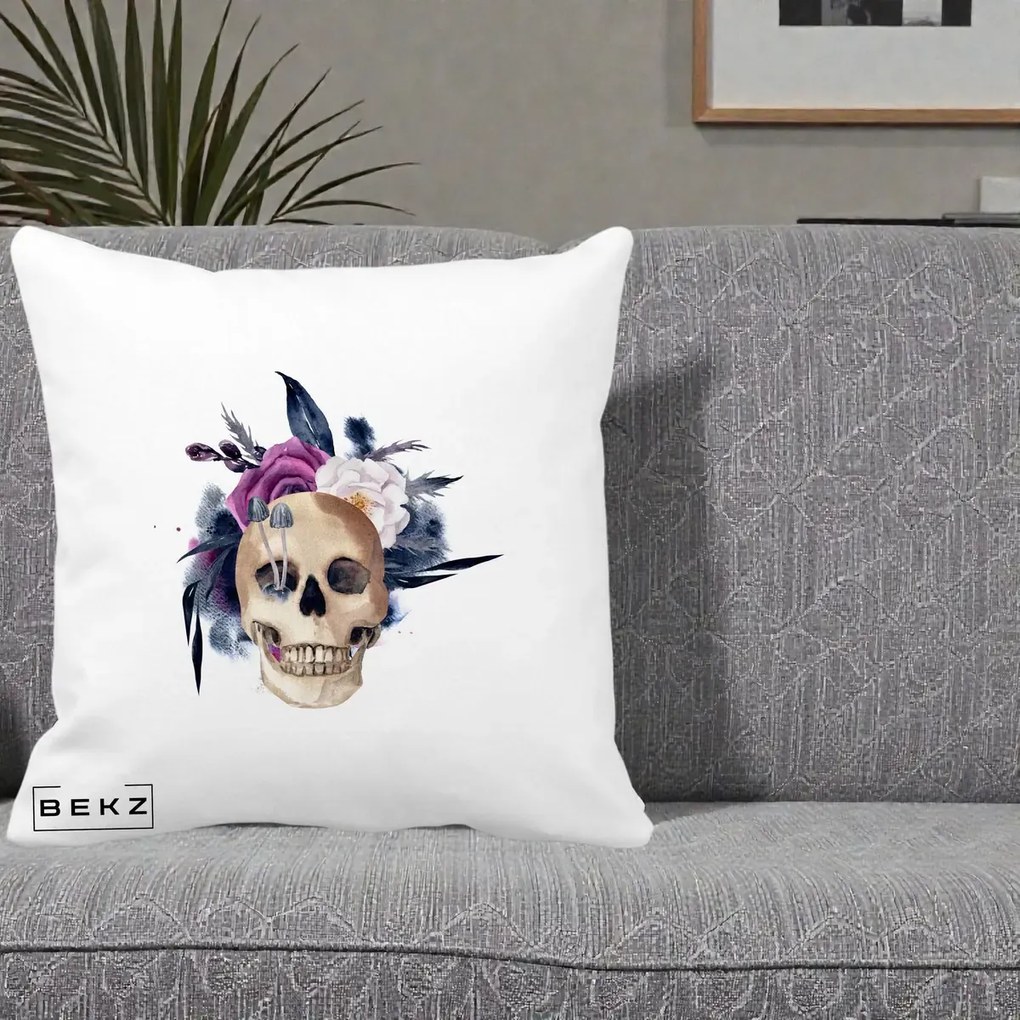 Perna Decorativa Craniu Floral cu Trandafiri si Ciuperci, 40x40 cm, Alba Mata, Husa Detasabila, Perna Inclusa, BEKZ®