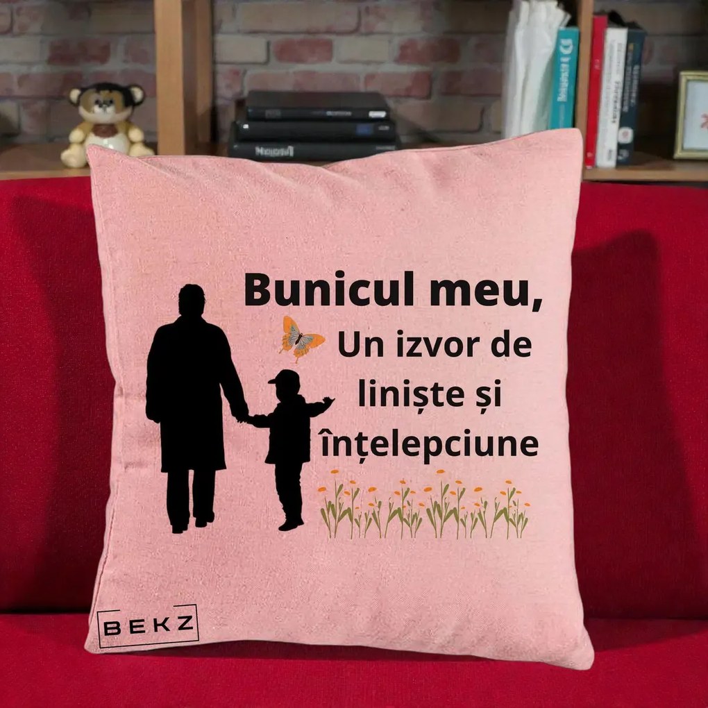 Cadou pentru Bunic - Perna Personalizata Bunicul Meu Izvor de Liniste cu Fluture si Baietel, 40x40 cm, Roz, Husa Detasabila, Perna Inclusa, BEKZ®