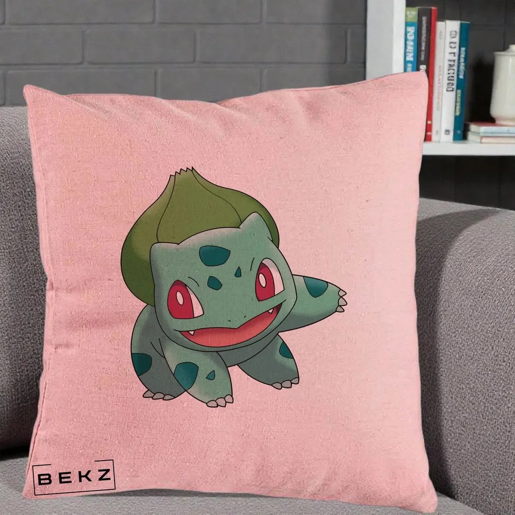 Perna Personalizata Bulbasaur Pokemon, 40x40 cm, Roz, Husa Detasabila, Perna Inclusa, BEKZ®