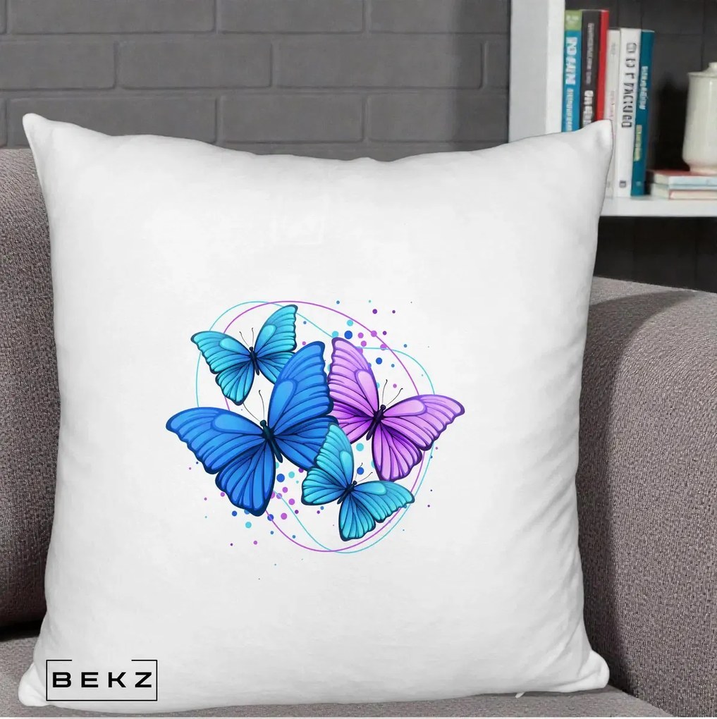 Perna Decorativa Patru Fluturi Turcoaz-Violet, 40x40 cm, Alb Pufos, Husa Detasabila, Perna Inclusa, BEKZ®