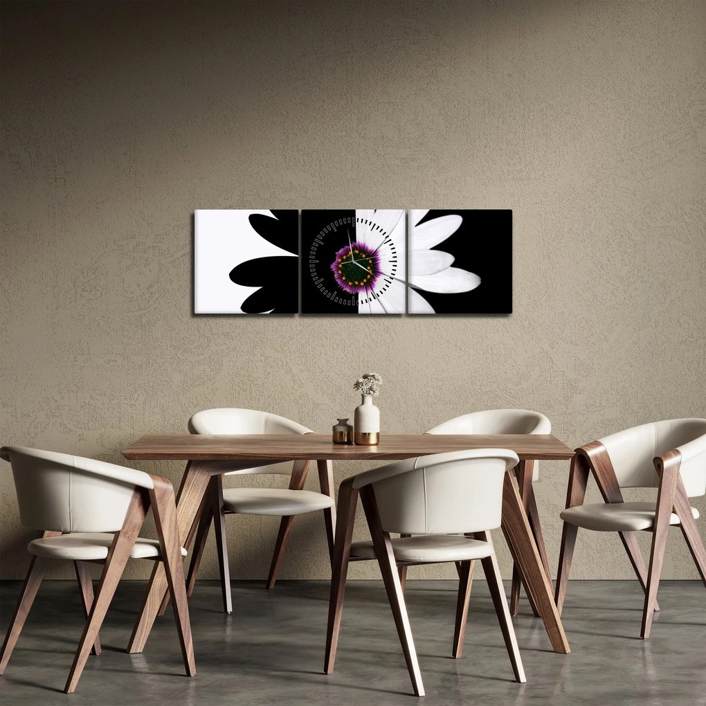 Tablou - Floare, alb- negru (cu ceas) (90x30 cm)