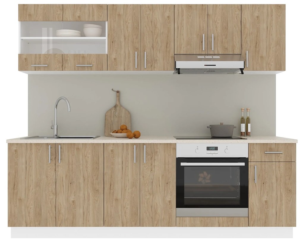 Set Bucatarie Karo V15, Lemn Natural/Alb, Blat Thermo 28 mm, L 240 cm