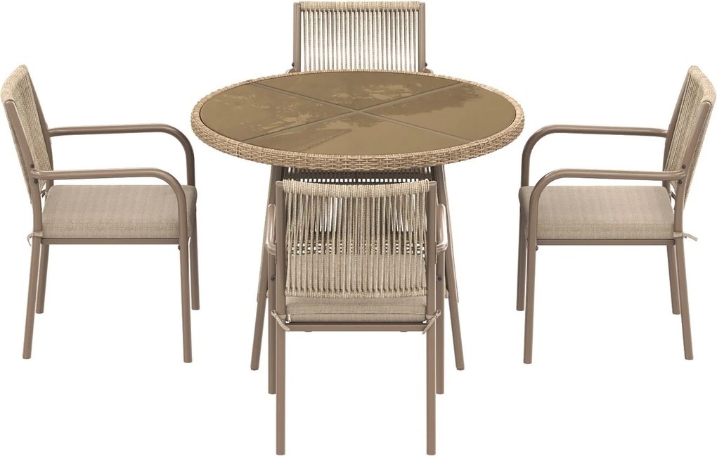 Set mobilier de grădină modern, 5 piese, masă rotundă cu blat din sticlă securizată, 4 scaune cu brațe cu spătar din sfoară, Maro