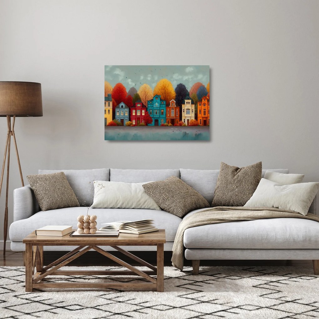 Tablou pe sticlă - Oraș de toamnă pictat (70x50 cm)