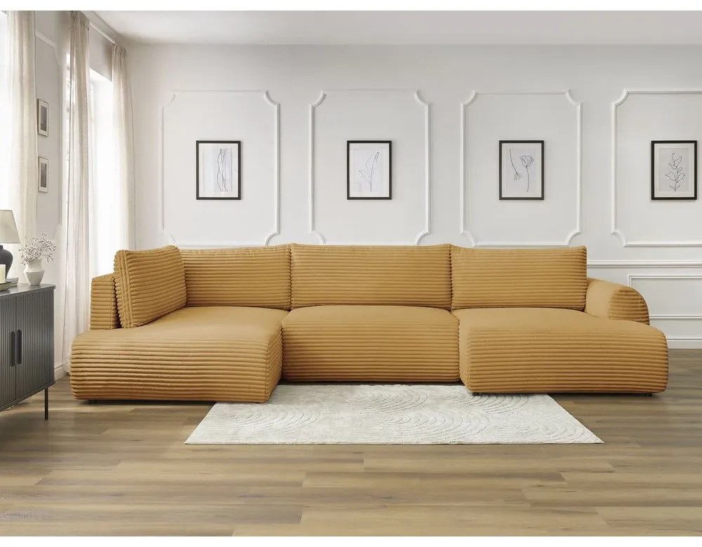 Colțar galben muștar extensibil/cu spațiu de depozitare cu tapițerie din catifea reiată (cu colț pe partea stângă/în formă de "U") Lucien – Bobochic Paris