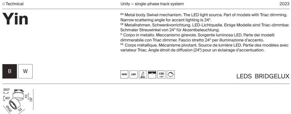 Spot LED, accesoriu pentru sinele monofazate Unity, Yin alb 4000K