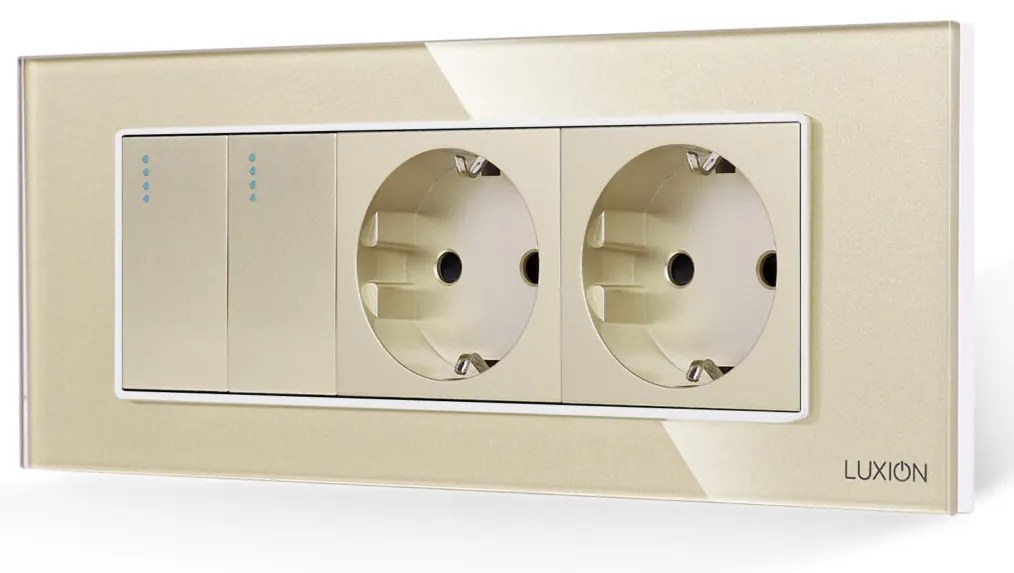 Intrerupator Dublu + 2 Prize cu Rama din Sticla LUXION, Standard Italian, 6M