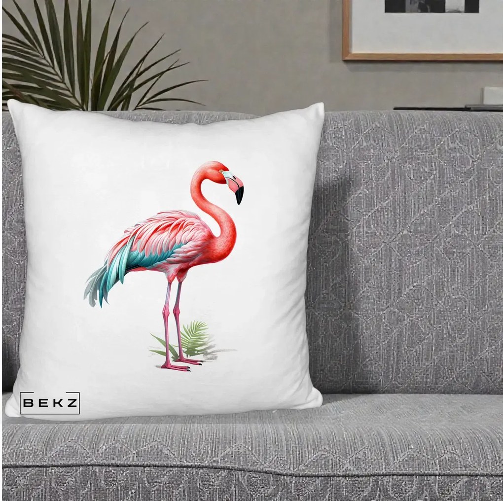 Perna Decorativa Flamingo Roz cu Pene Teal, 40x40 cm, Alb Pufos, Husa Detasabila, Perna Inclusa, BEKZ®