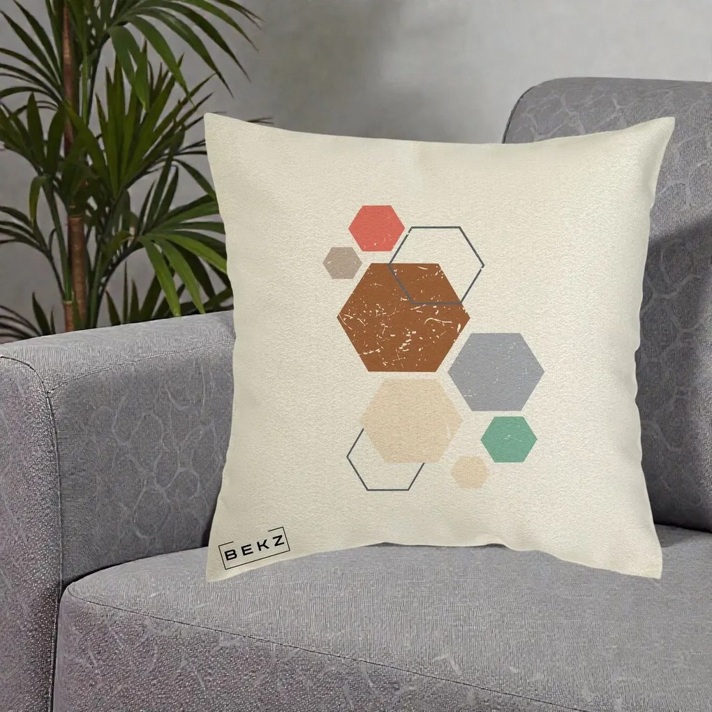 Perna decorativa boho Geometric Hexagoane Multicolor, 40x40 cm cu Umplutura, Ecru, BEKZ