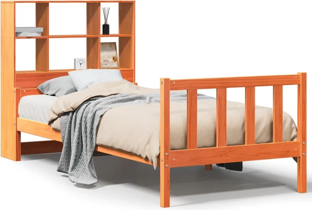 vidaXL Pat cu bibliotecă fără saltea maro ceruit 75x190 cm lemn masiv