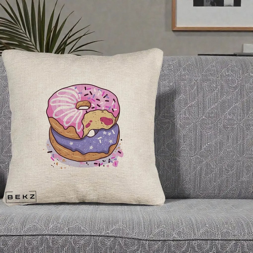 Perna Decorativa Donuts Roz si Mov, 40x40 cm, Bej Canapea, Husa Detasabila, Perna Inclusa, BEKZ®