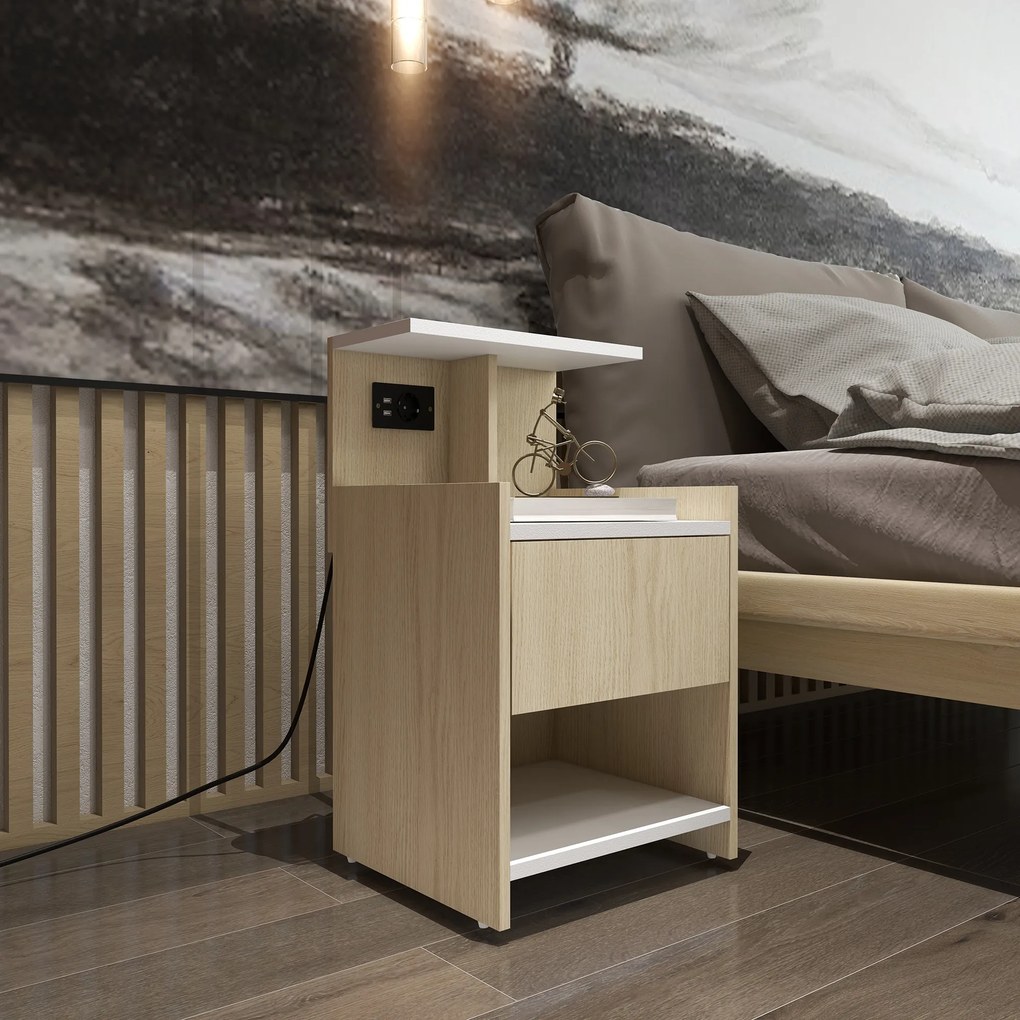 HOMCOM Noptieră Modernă cu Prize USB și Sertar, 40x40x60cm, Lemn Natural | Aosom Romania