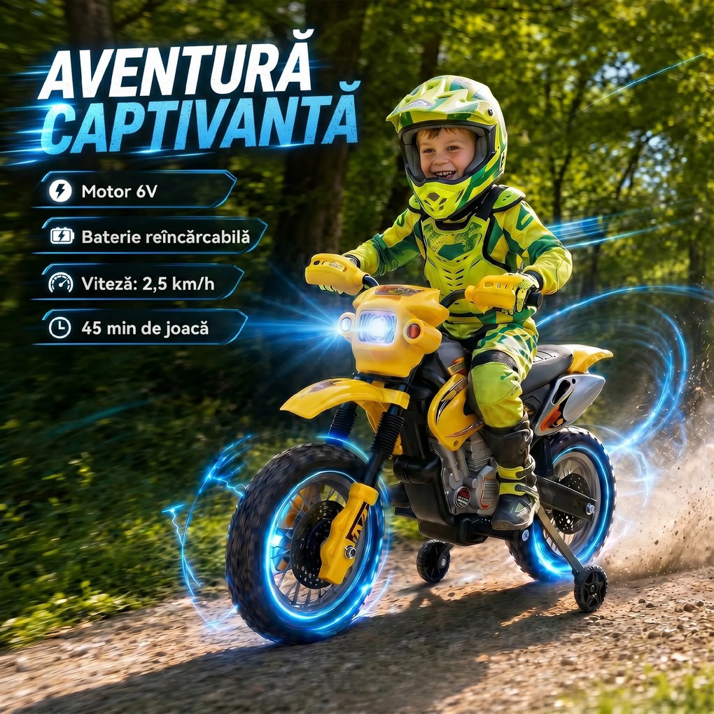 Moto Cross Electric pentru Copii HOMCOM cu Role, Galben | Aosom Romania