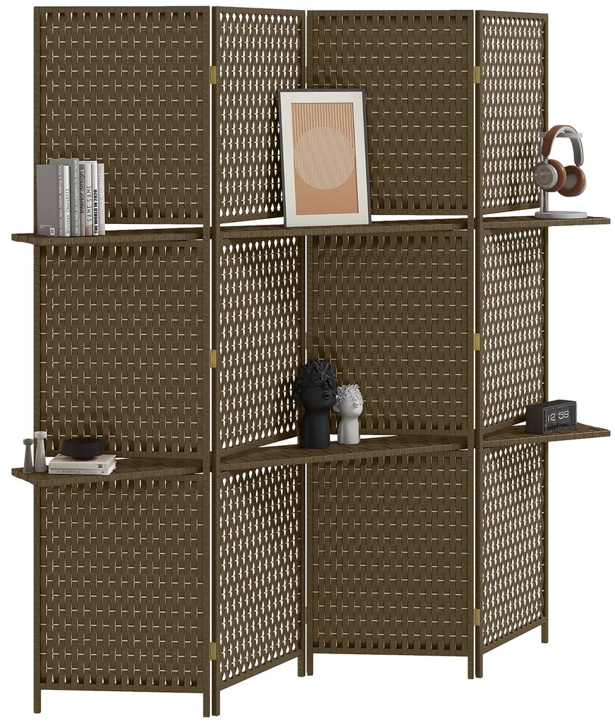 HOMCOM Paravan interior separator de încăpere 4 panouri 2 rafturi lemn de pin țesut cu fibre de hârtie 181 x 180 cm maro | Aosom Romania