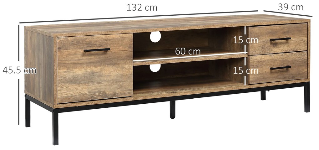 HOMCOM Suport TV cu Ușă, Sertar și Spațiu Depozitare pentru Ecrane până la 50", Picioare Oțel, 135x35x41.7 cm, Cafea | Aosom Romania