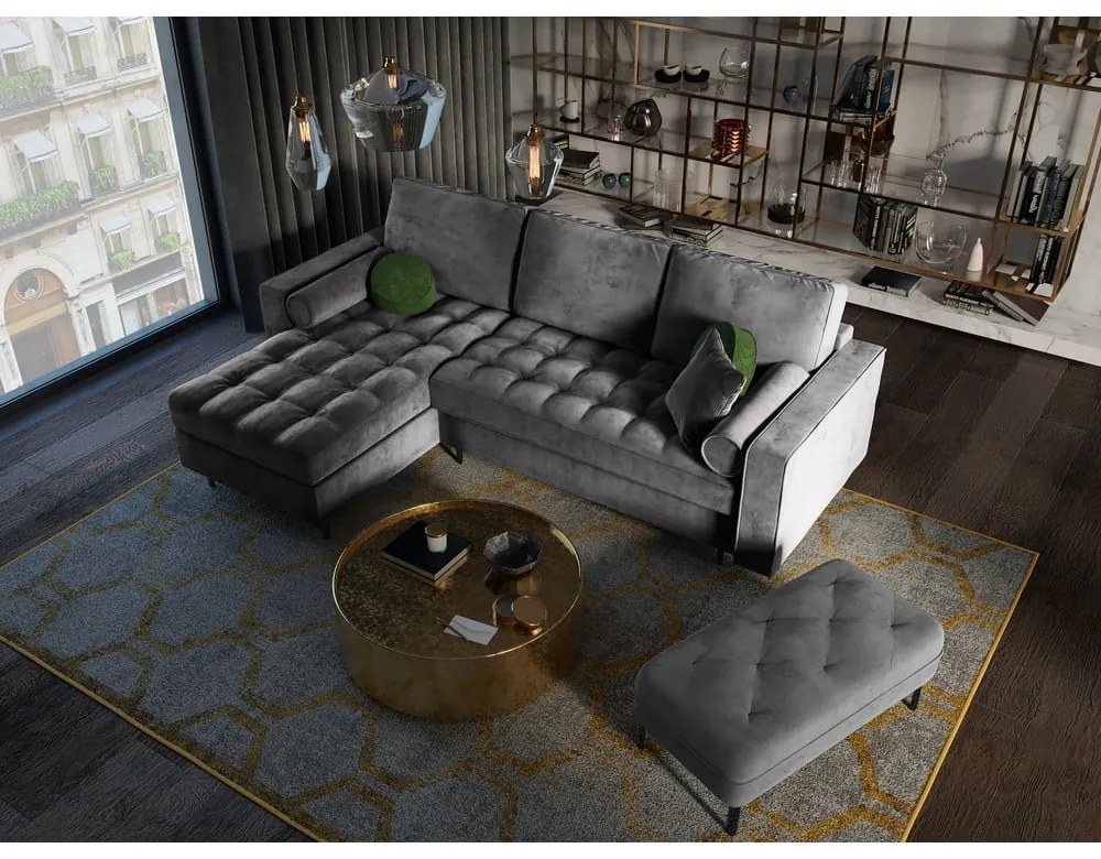 Colțar extensibil din catifea cu șezlong stânga Milo Casa Santo, gri închis