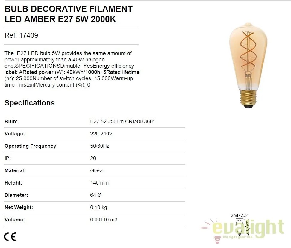 BEC LED filament dimabil 5W E27 2000K lumina calda AMBER 17409