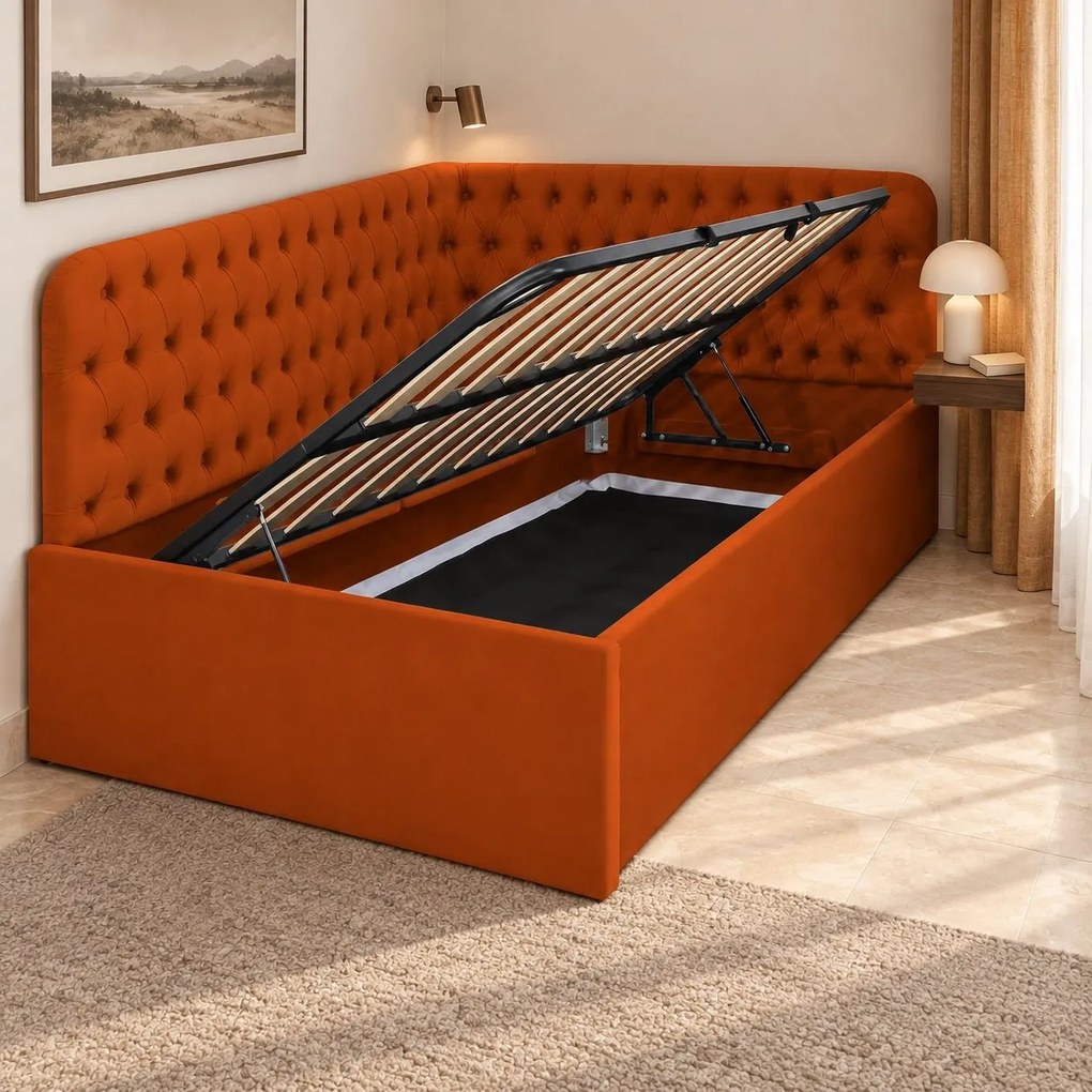 Pat tapițat pentru copii din catifea Elyra 120×200 cm, cărămiziu, colț stânga, cu ladă de depozitare