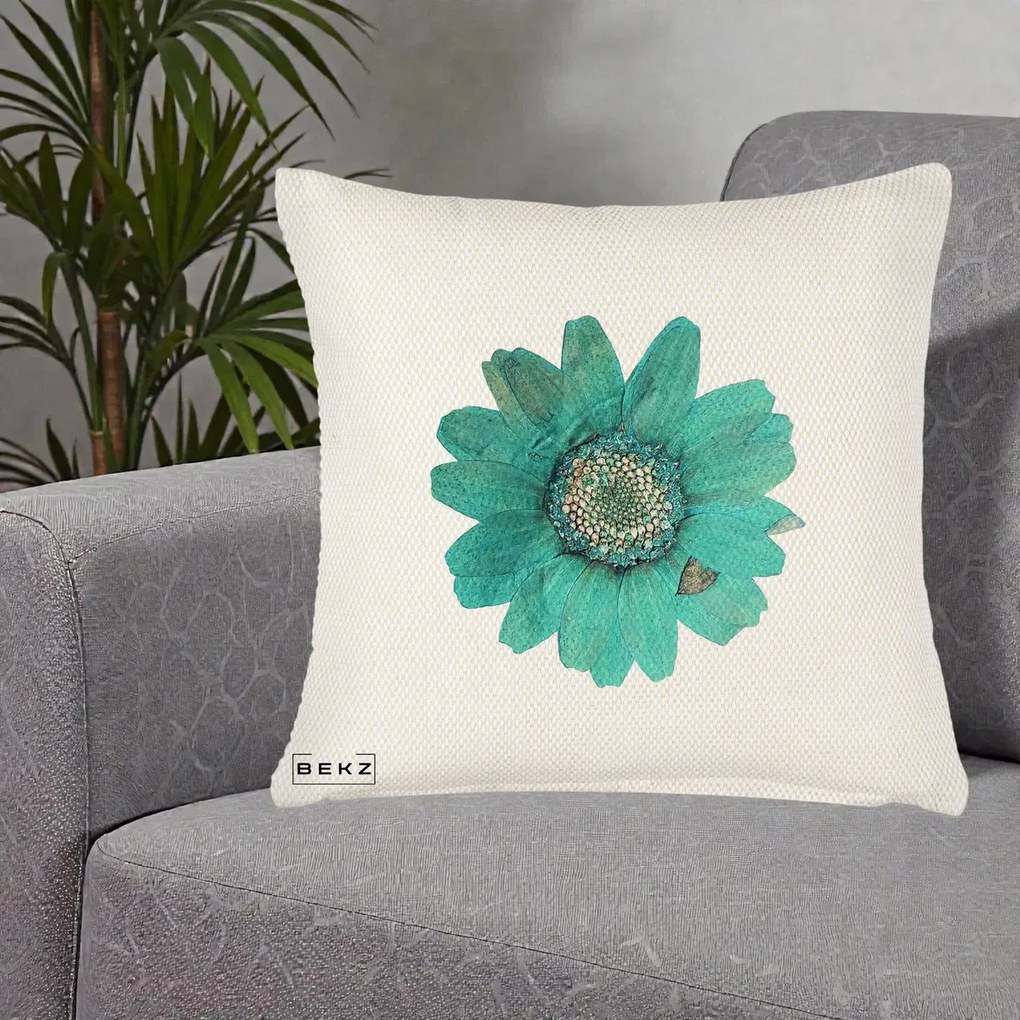 Perna Decorativa Floare Gerbera Teal Acuarela, 40x40 cm, Crem Reliefat, Husa Detasabila, Perna Inclusa, BEKZ®