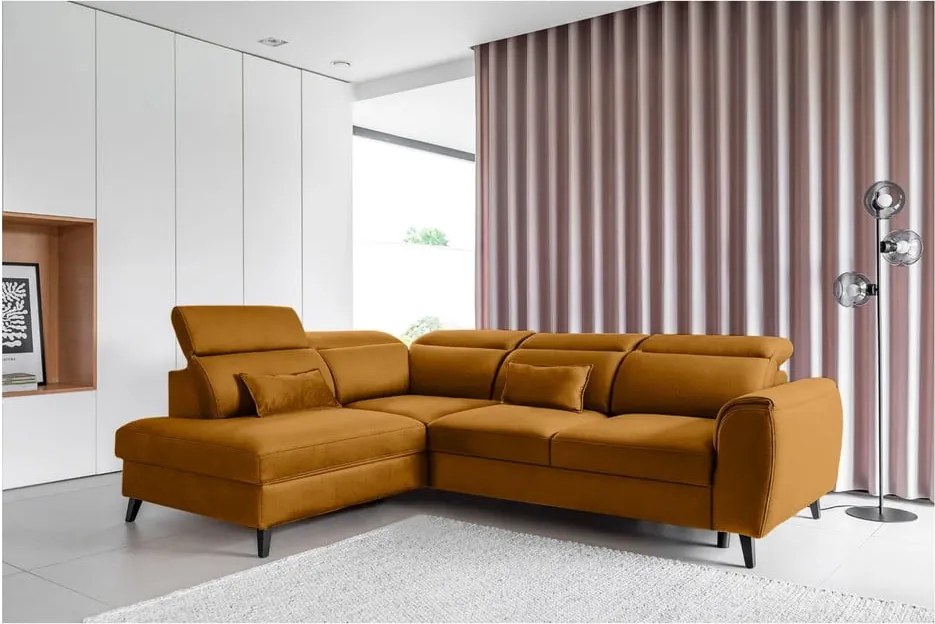 Colțar galben extensibil/cu spațiu de depozitare cu tapițerie din catifea (cu colț pe partea stângă/în formă de ”L”) Noble – ELTAP