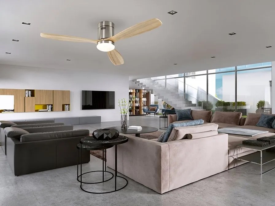Lustra LED cu Ventilator si telecomanda Siroco D-132cm nichel/lemn