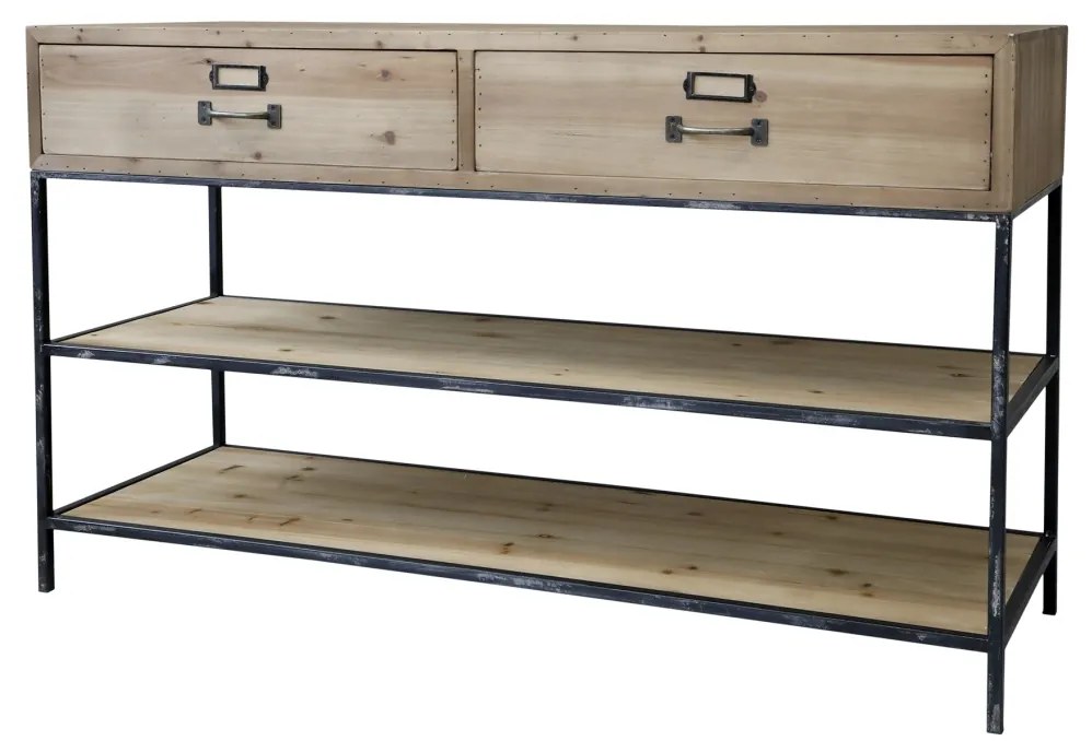 Consola din lemn, cu 2 rafturi si 2 sertare, aspect rustic