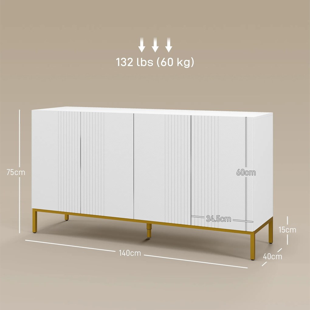 HOMCOM Bufet Modern pentru Living cu 4 Uși și Rafturi Reglabile, Închidere Moale, 140x40x75 cm, Alb | Aosom Romania