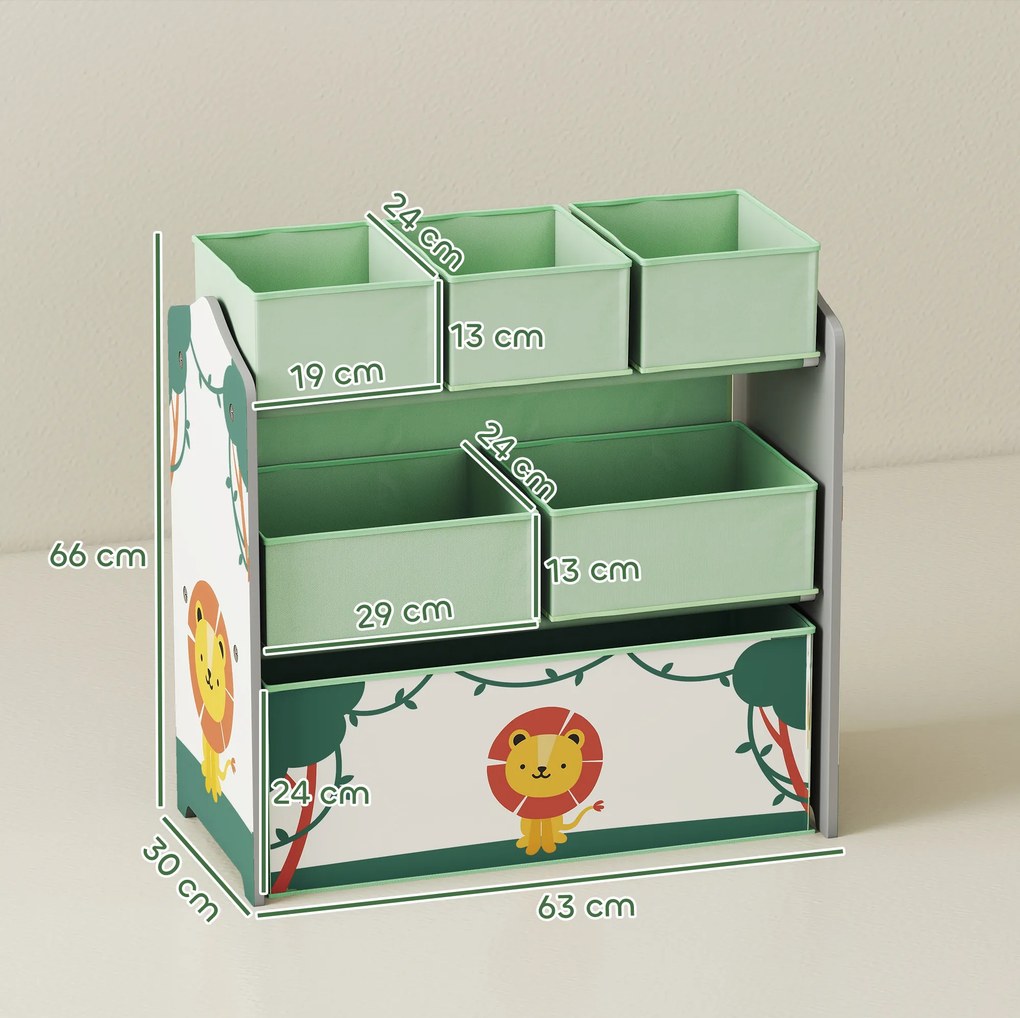 AIYAPLAY Raft pentru Jucării Copii cu 3 Niveluri și 6 Containere Detașabile din Material Textil, Mobilier Organizator pentru Dormitor, Cameră de Joacă și Sufragerie, Verde | Aosom Romania