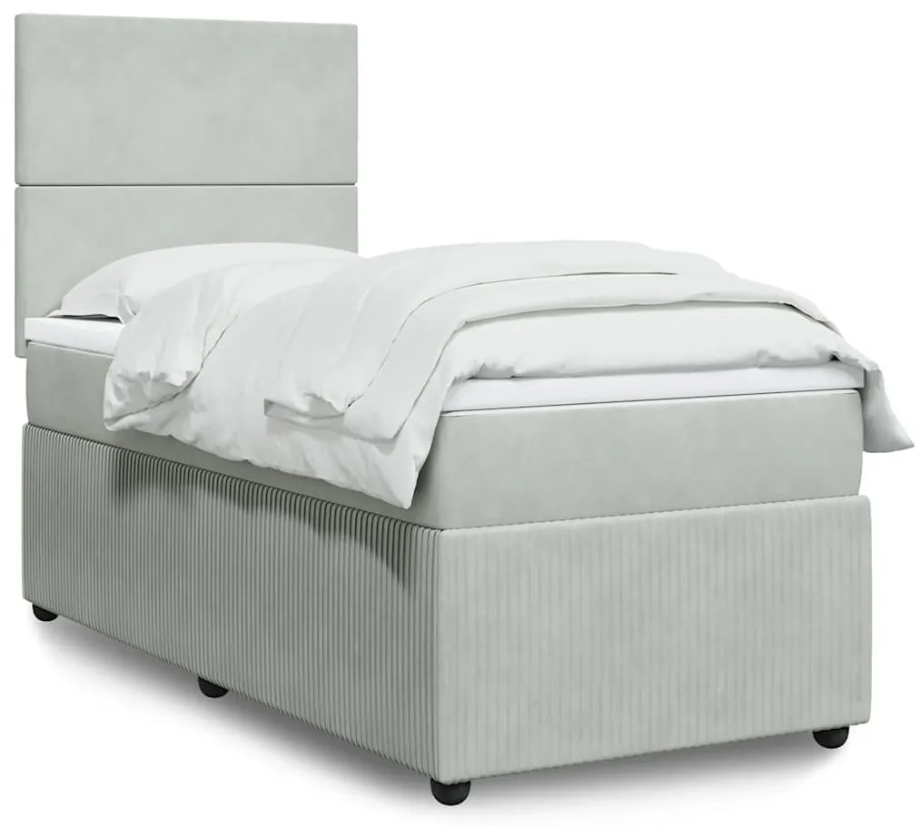 vidaXL Pat box spring cu saltea, gri deschis, 90x190 cm, catifea