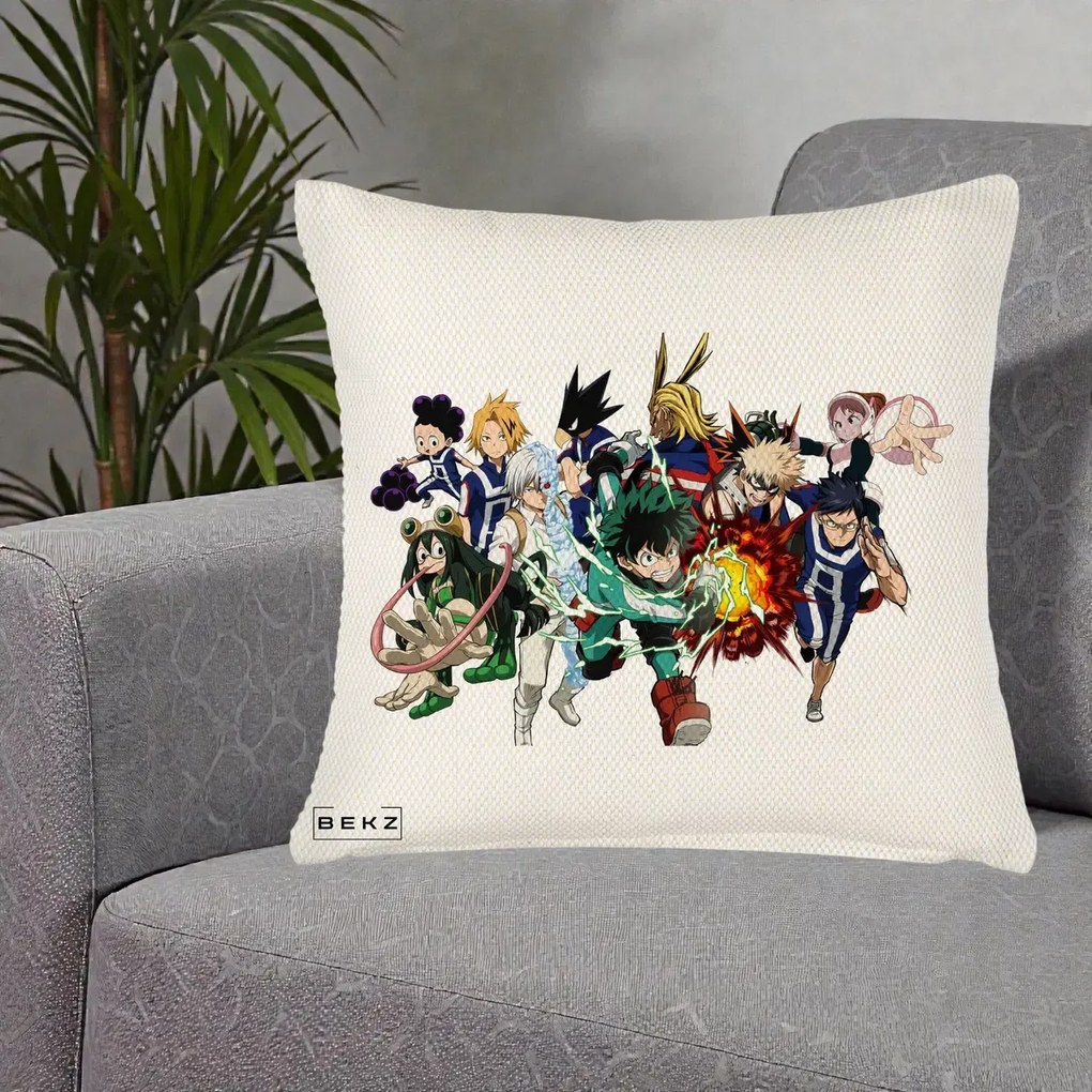 Perna Personalizata My Hero Academia Clasa 1-A Complet, 40x40 cm, Crem Reliefat, Husa Detasabila, Perna Inclusa, BEKZ®