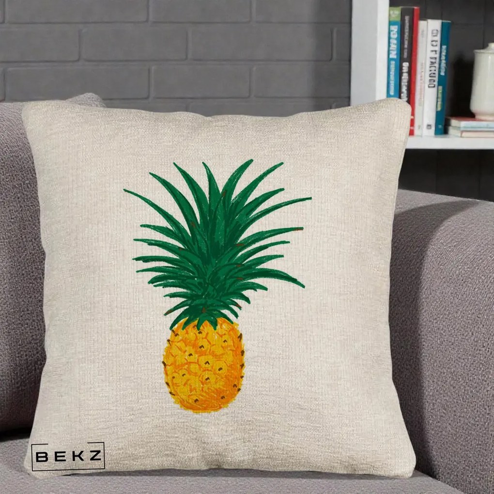 Perna Decorativa Ananas Tropical, 40x40 cm, Bej Canapea, Husa Detasabila, Perna Inclusa, BEKZ®