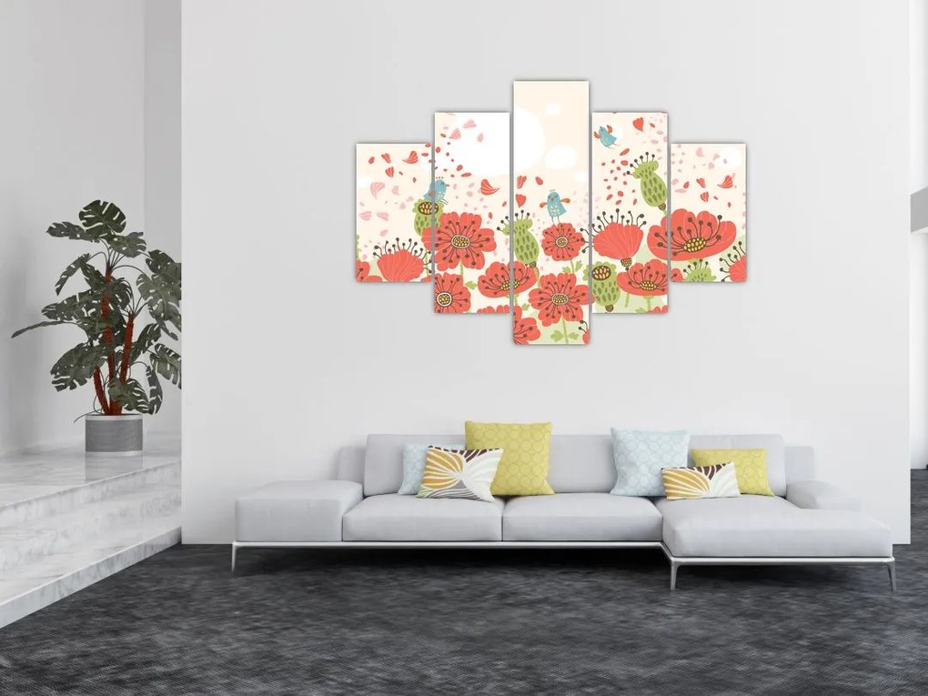 Tablou - Păsări pe o pajiște înflorită (150x105 cm)