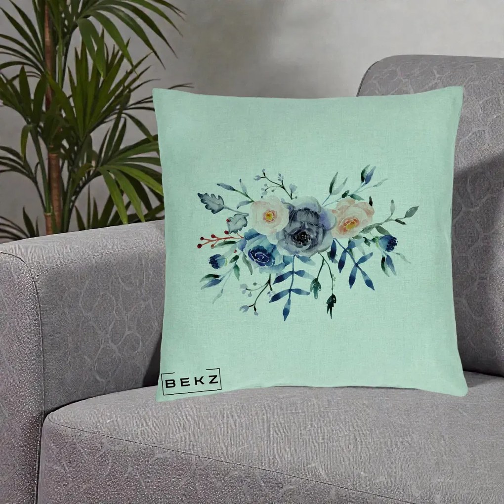 Perna Decorativa Buchet Flori Albastre Acuarela, 40x40 cm, Verde Menta, Husa Detasabila, Perna Inclusa, BEKZ®
