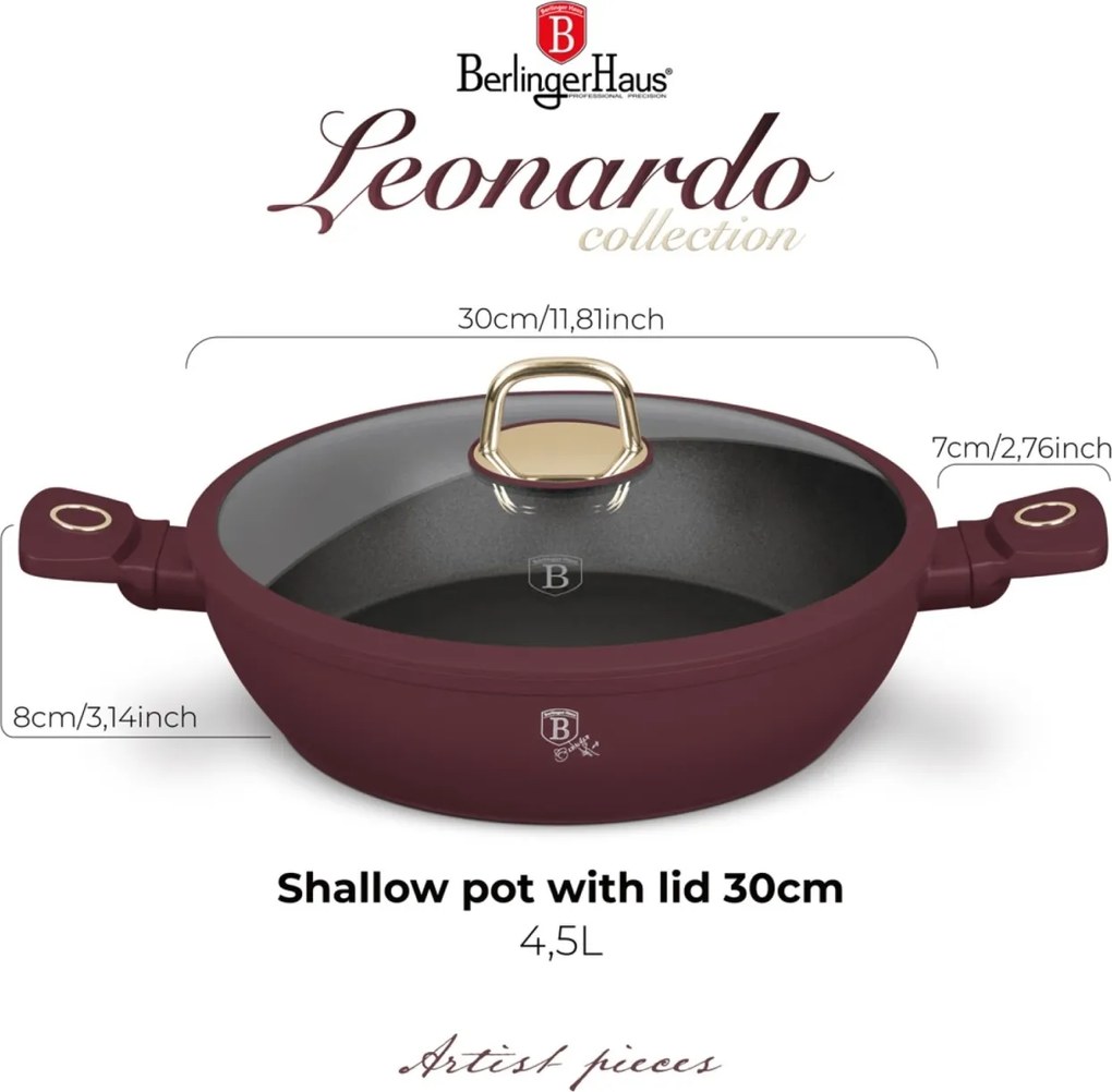 Cratita cu capac 30 cm 4,5L Leonardo Collection Berlinger Haus BH 8039, visiniu mat, mancarea nu se lipeste, compatibila cu inductie