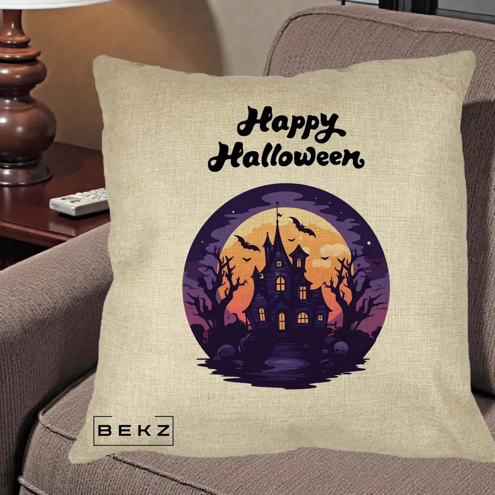 Perna Decorativa Happy Halloween Casa Bantuita Violet, 40x40 cm, Crem, Husa Detasabila, Perna Inclusa, BEKZ®