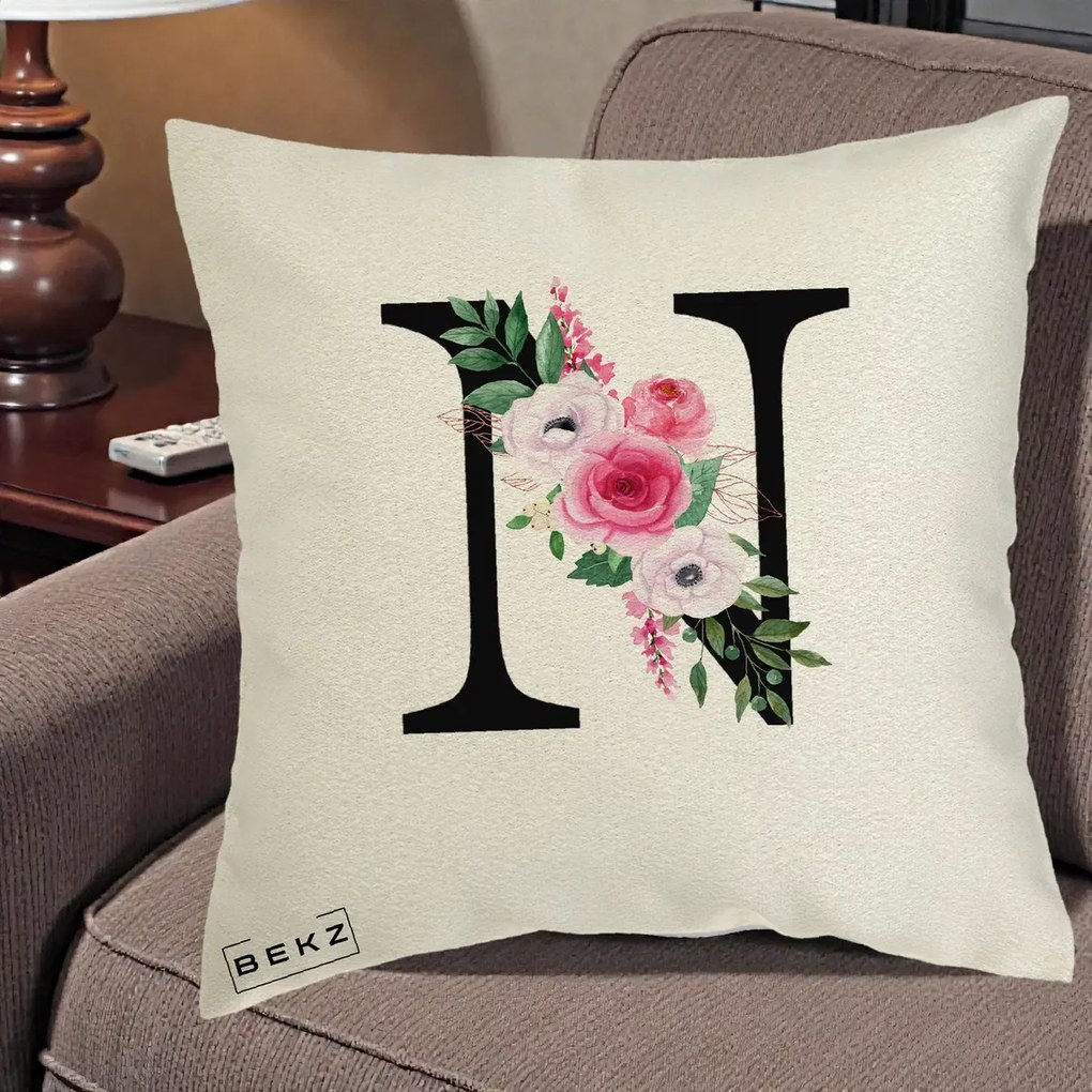 Cadou Personalizat - Perna Personalizata Monograma Florala Litera N, 40x40 cm, Ecru, Husa Detasabila, Perna Inclusa, BEKZ®