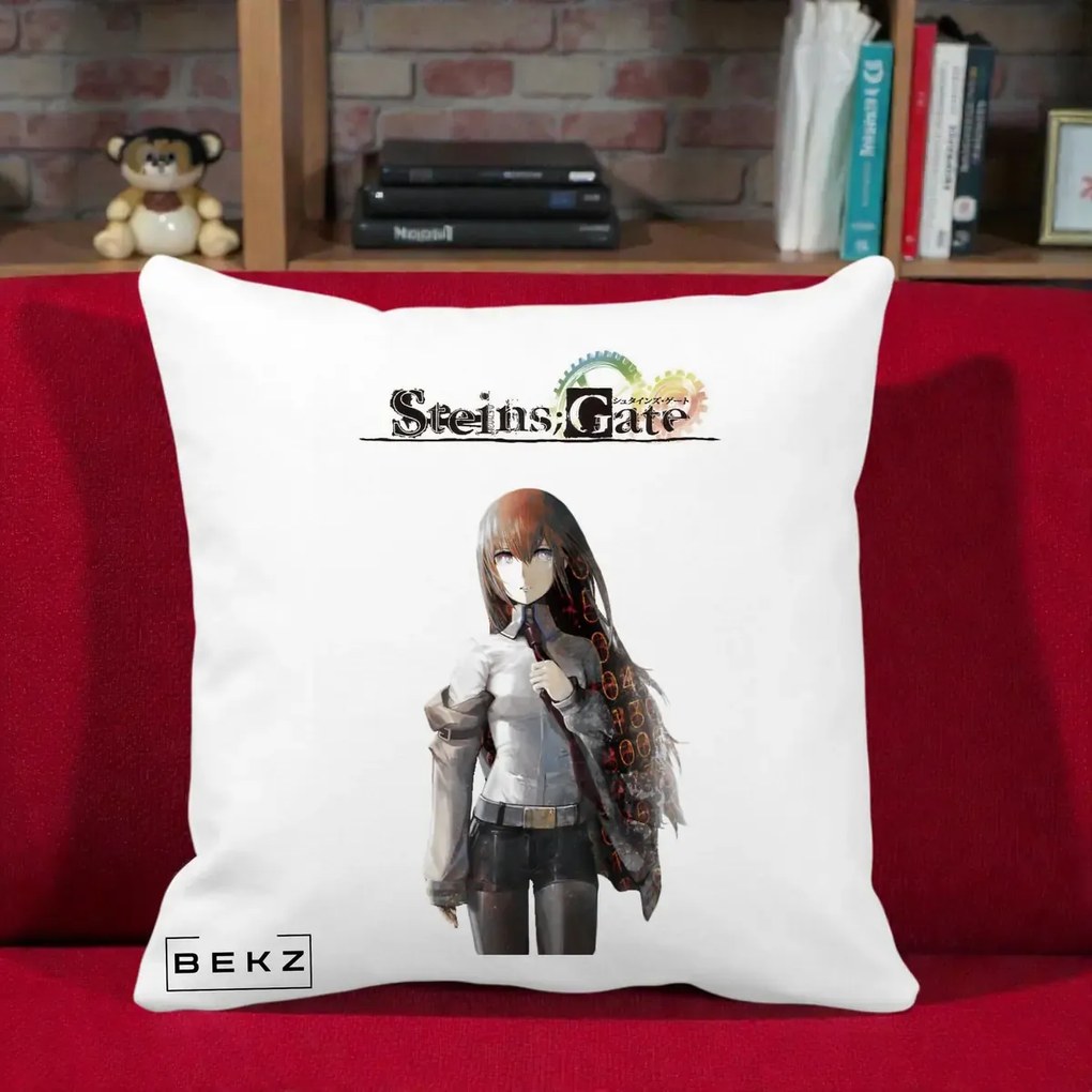 Perna Personalizata Steins Gate Kurisu Makise Anime, 40x40 cm, Alba Mata, Husa Detasabila, Perna Inclusa, BEKZ®