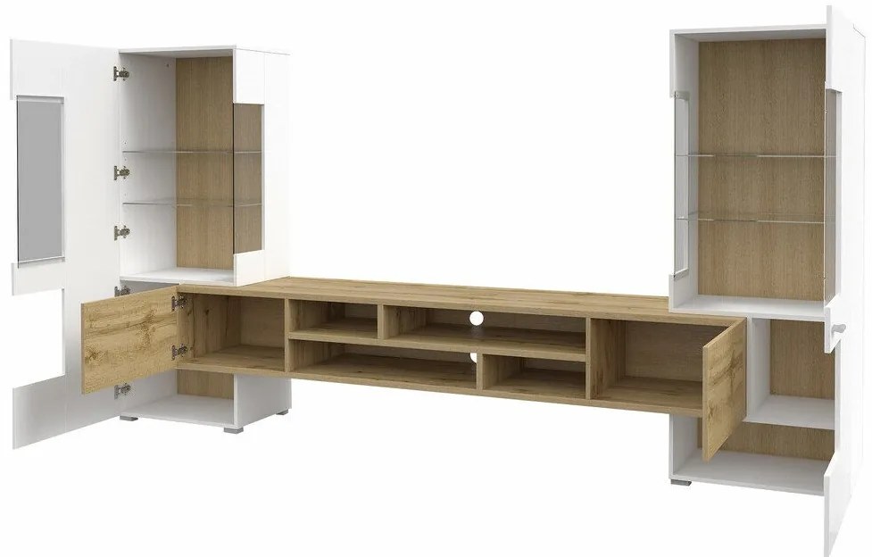 Mobilă pentru sufragerie Austin AV107Wotan stejar, Alb lucios, Cu comodă tv, Cu componente suplimentare, Solid, PAL laminat, Sticlă, 143x270x39cm