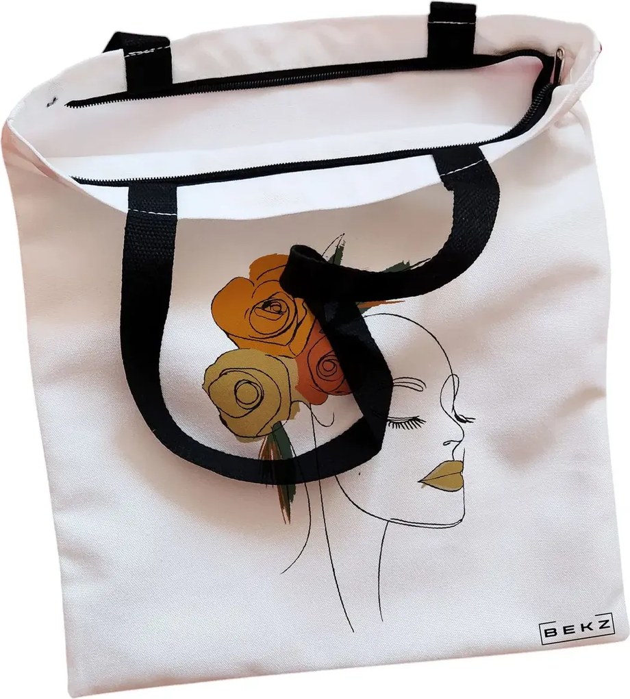 Sacosa de Panza pentru Cumparaturi, Geanta Tote, Flower Lady 15, Cu fermoar, 38x34.5 cm, Alba, BEKZ®