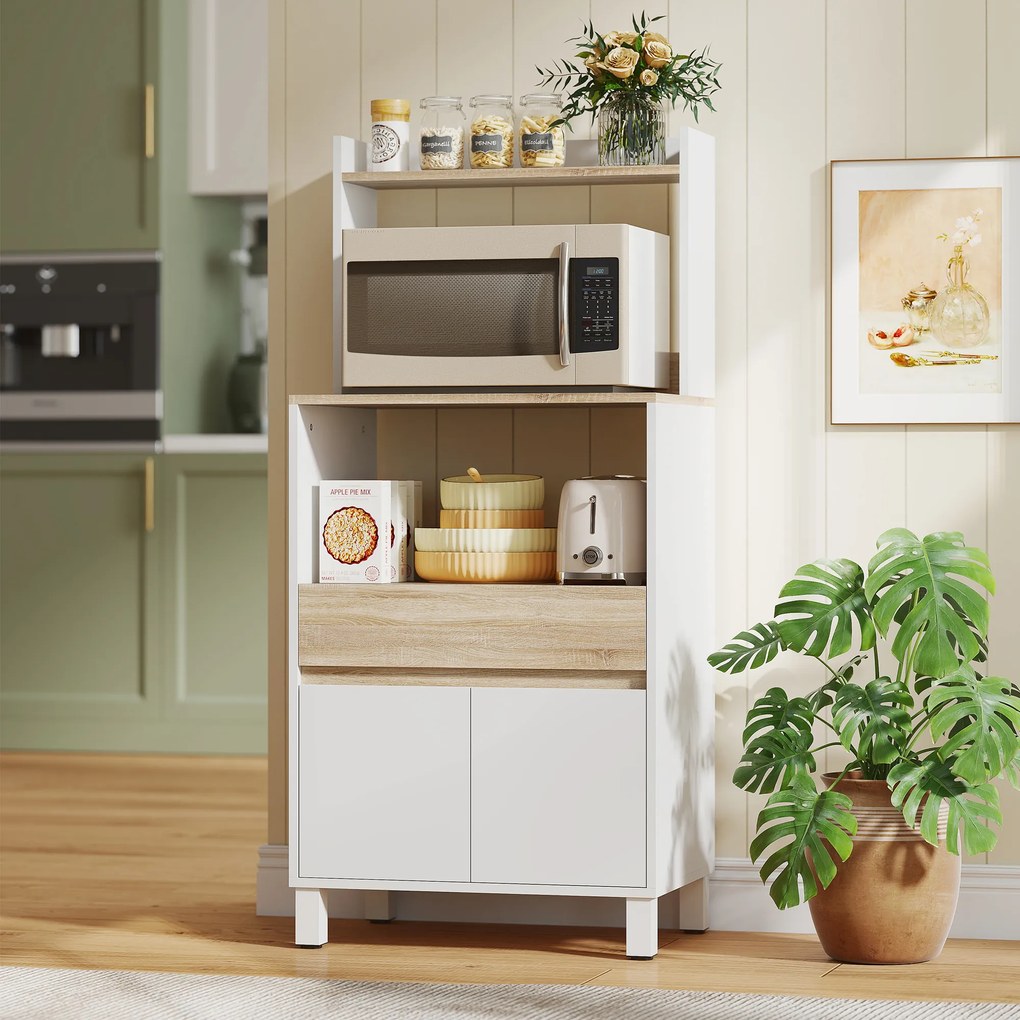 HOMCOM Dulap pentru Microunde din Lemn cu Raft, Blat Deschis, Sertar și Dulap, 60x40x131 cm, Alb | Aosom Romania