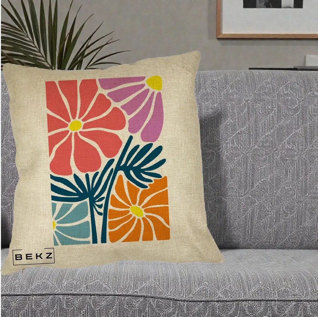 Perna Decorativa Flori Grafice Roz-Orange-Albastru, 40x40 cm, Crem, Husa Detasabila, Perna Inclusa, BEKZ®