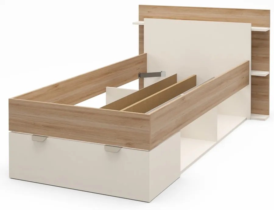 Pat alb/în culoare naturală cu aspect de lemn de stejar cu spațiu de depozitare fără somieră 90x200 cm Albo – Marckeric