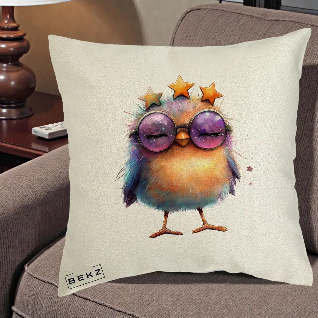 Perna Decorativa Pui Pop Star cu Ochelari Stele Violet, 40x40 cm, Ecru, Husa Detasabila, Perna Inclusa, BEKZ®