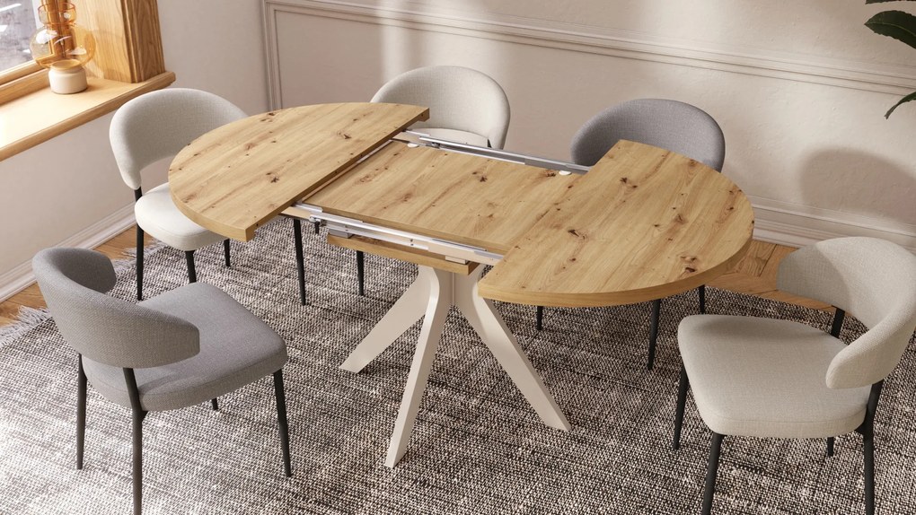 Mazzoni RENZO Stejar Artisan/picior bej (șampanie) - MASĂ ROTUNDĂ Ø110 EXTENSIBILĂ PÂNĂ LA 180 cm | PENTRU BUCĂTĂRIE SUFRAGERIE LIVING