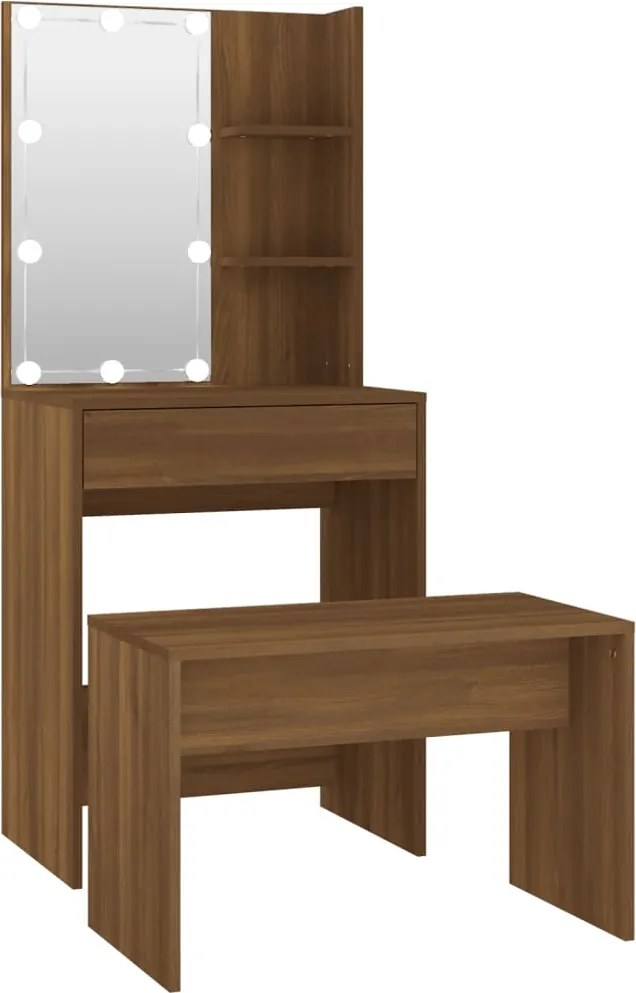 vidaXL Set de masă de toaletă cu LED, stejar maro, lemn prelucrat