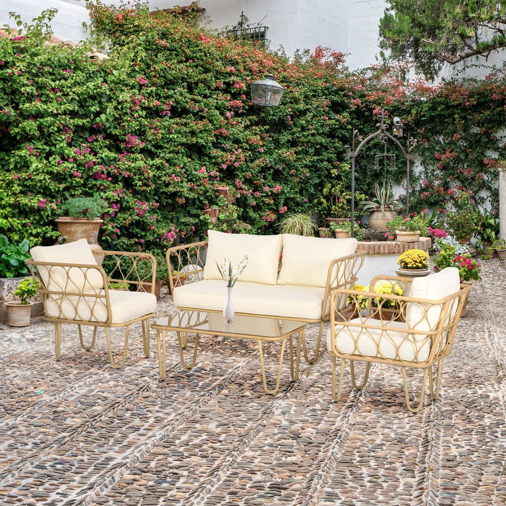 Outsunny Set de grădină canapea 2 locuri + 2 fotolii + 1 masă de cafea cu blat din sticlă securizată 7 perne ecru | Aosom Romania