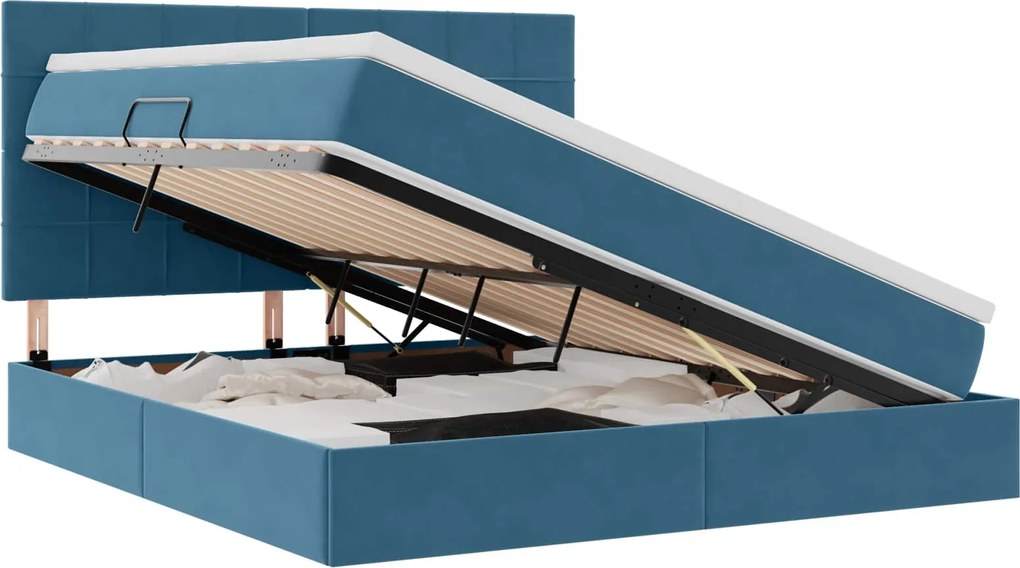 vidaXL Pat cu saltea și LED Albastru închis 160 x 200 cm Catifea